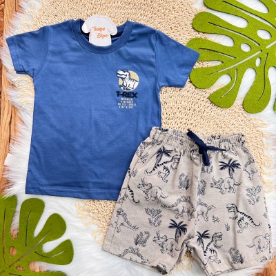 Conj. Camiseta T-Rex e Bermuda Dinossauros - Azul Jeans